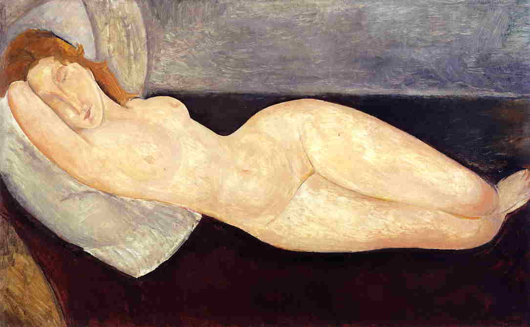 Reclining Nude, Head on Right Arm - Amedeo Modigliani Paintings